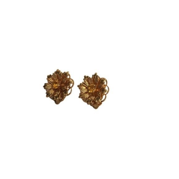 Vintage Lisner Signed Yellow Stone Flower Clip Earrings Gold Tone‎ - Picture 5 of 8